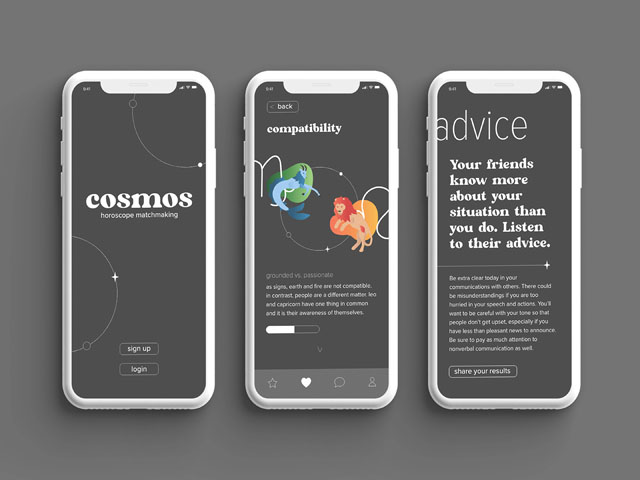 Cosmos is a mobile matchmaking app that allows the user to make matches and compare compatibility with others using horoscope information.