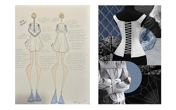 Left- sketch of white jacket that laces with blue ribbon up the center and down the arms. Right- Mood board with a corset and straight jacket in front of softer blue white and black images of nature.