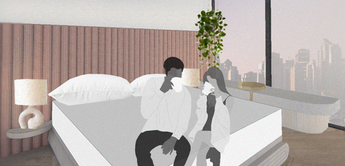 Two people drawn sipping coffee on the bed