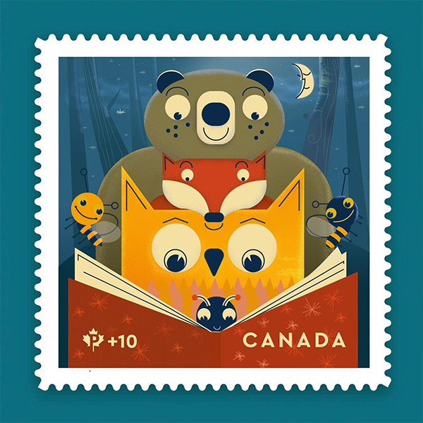 Stamp design with animals reading a book