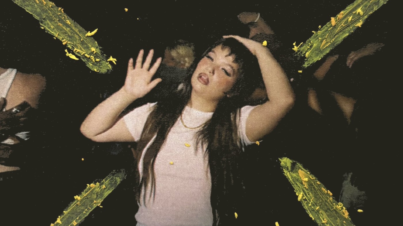 Person and graphics on music video cover